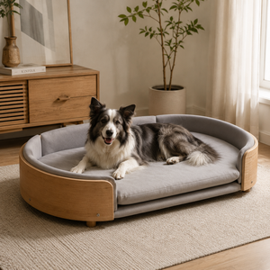 Canapé pour <span class=keywords><strong>chien</strong></span> surélevé moderne YOUME avec structure en bois courbé et coussin amovible lavable, 3 tailles pour chiens de <span class=keywords><strong>petite</strong></span> à grande <span class=keywords><strong>taille</strong></span>, ISO & BSCI - Product Image 3