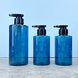Fabrika popüler yuvarlak silindir dolum PET plastik pompalı şişe 300ml 500ml mavi losyon şampuan şişesi sıvı sabun şişesi