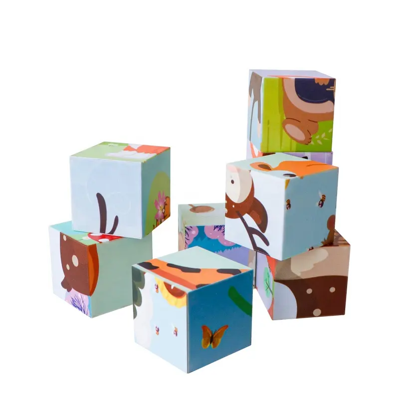 Puzle de cubo con diseño de madera, bloques de rompecabezas a juego de animales para venta al por mayor