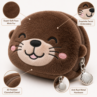 Porte-monnaie en peluche personnalisé sur le thème de la vie marine : Otter, Phoque, Pingouin, Dauphin, avec doublure ondulée, portefeuille doux en forme d'animal en peluche