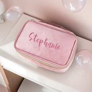 Estuche cosmético de terciopelo Premium púrpura, rosa, azul y gris, logotipo dorado, cepillo personalizado, maquillaje organizado por bolsillo interior, bolsa de transporte de 12 pulgadas - Product Image 6