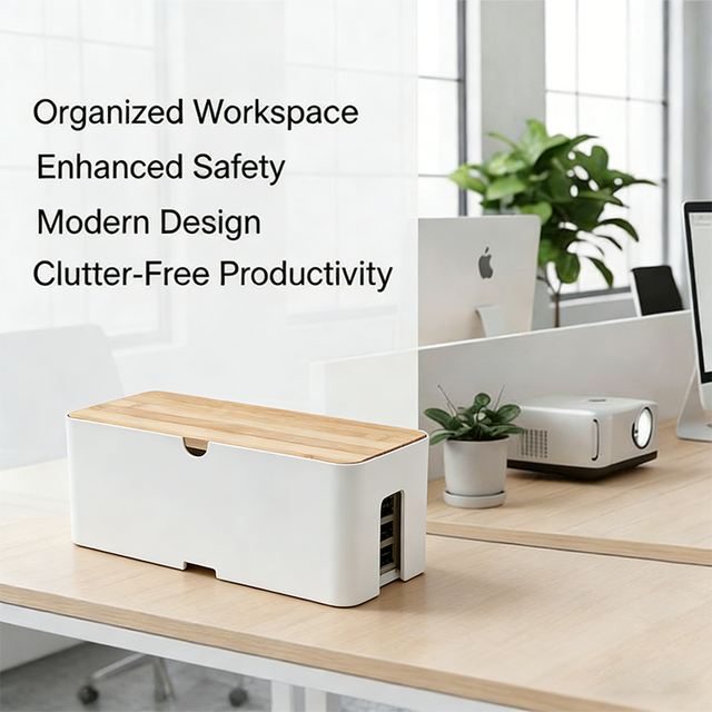 Plastic Cable Management Box Cord Organizer With Bamboo Lid Desktop Wire Hider Power Strip Storage Box For Office Home
