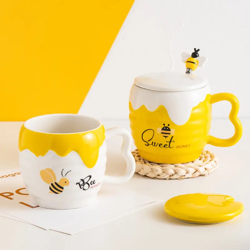 Embossed Ceramic Honey Jar Coffee Mug With Lid Spoon