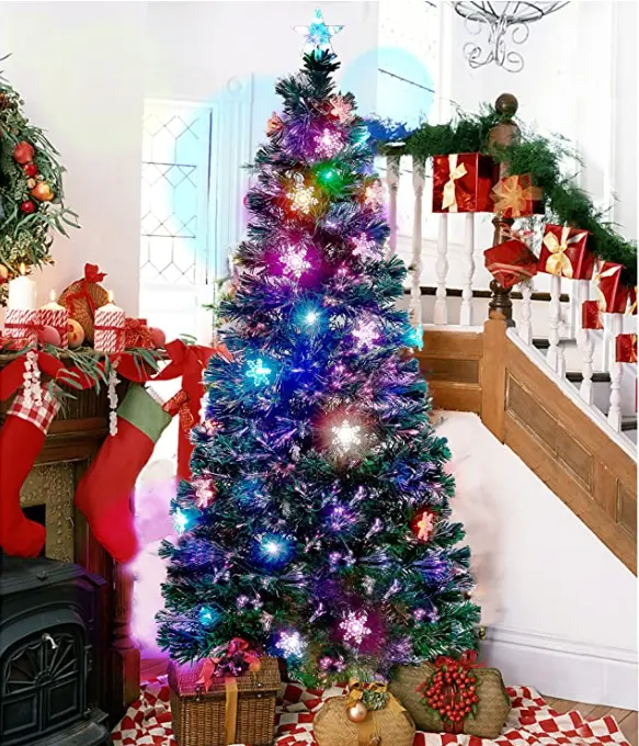 6 ft Pre-Lit Optical Fiber Christmas Artificial Tree with LED RGB Color Changing Led Lights Snowflakes and Top Star Festive Part