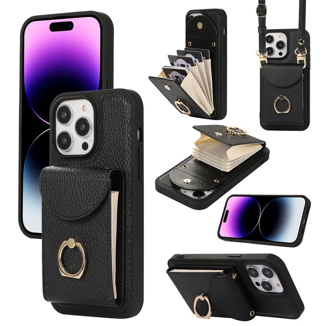 Wholesale TPU Leather Card Wallet Shockproof Luxury Design Mobile Phone Case for iPhone with Cross Body Strap