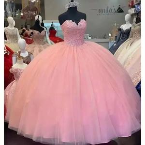 فستان حفلة للفتيات من Quinceanera فستان حفلة موسيقية أنيق من 15 عامًا مشد دانتيل لامع بدون أكمام زهور دانتيل من الدانتيل - Product Image 1