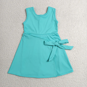 Vestidos Casuales de Verano sin Mangas para Niñas Pequeñas, Cuello Redondo, Estampado Verde Sólido, Transpirables, Hasta la Rodilla, Venta al Por Mayor - Product Image 4