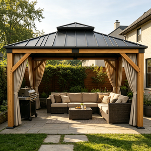 Gazebo à double étage en bois de cèdre naturel <span class=keywords><strong>avec</strong></span> rideaux d'intimité, toit en acier galvanisé, pavillon extérieur - Product Image 2