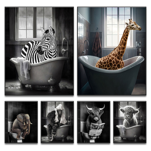 Pared de baño lindo divertido Animal póster impresión bañera inodoro Humor lienzo pintura vaca Panda lectura periódico pared arte - Product Image 1