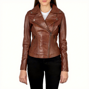 <b>Womens</b> Real Brown Leather Biker <b>Jacket</b> Asymmetric Zip Lapel Collar Sheepskin Coat Zipper Pockets Slim Fit Custom Outwear New - Product Image 1