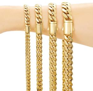 Bracelet <span class=keywords><strong>en</strong></span> acier inoxydable plaqué <span class=keywords><strong>or</strong></span> 14 carats, bouton cubain brillant crypté, bijoux pour hommes et femmes, chaîne à maillons géométriques, tendance, 6/8/10/12/14 mm - Product Image 3