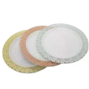 Plato de llanta de encaje, plato redondo de plástico dorado/rosa dorado para fiesta de cena con borde de Color