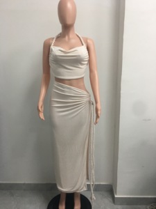 Women's Sleeveless Halter Top With Hemp Rope Tie-Waist Skirt <b>Sexy</b> 2-Piece <b>Set</b> Fashion - Product Image 4
