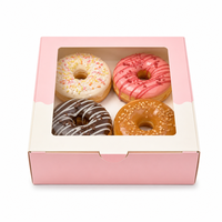 Boîte à donuts 4 pièces, boîtes à cupcakes de Noël avec fenêtre transparente en PET, carton rose, emballage personnalisé pour gâteaux et pâtisseries
