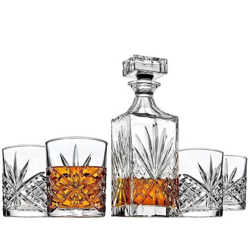 100% Lead Free Crystal 5-Piece Whiskey Decanter Bar Set with 4 Old Fashioned Glasses