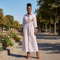 Nouvelle Robe Décontractée Femme 2026 à Rayures Verticales Rose et Blanches, Col en V, Manches Courtes, Ceinture Ajustable, Coupe Ample, Style Boubou Caftan Imprimé Africain