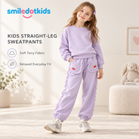 Smiledotkids Pantalons de jogging personnalisés pour enfants, violet clair, bordure en dentelle, broderie cerise, doux, OEM ODM, vente en gros pour petites filles