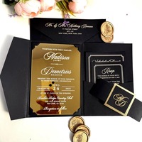 Carte d'invitation de mariage personnalisée, élégante et luxueuse, en acrylique, à trois volets, avec poche découpée au laser et finition miroir dorée