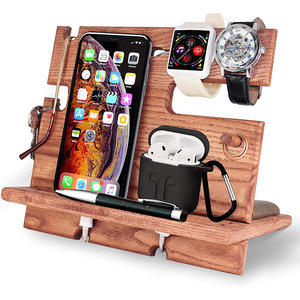 Nightstand Office Desk Key Hooks Holder Wallet Stand Smartwatch Organizer Natural Pine Walnut Wood Phone Docking Station for Men - Product Image 1