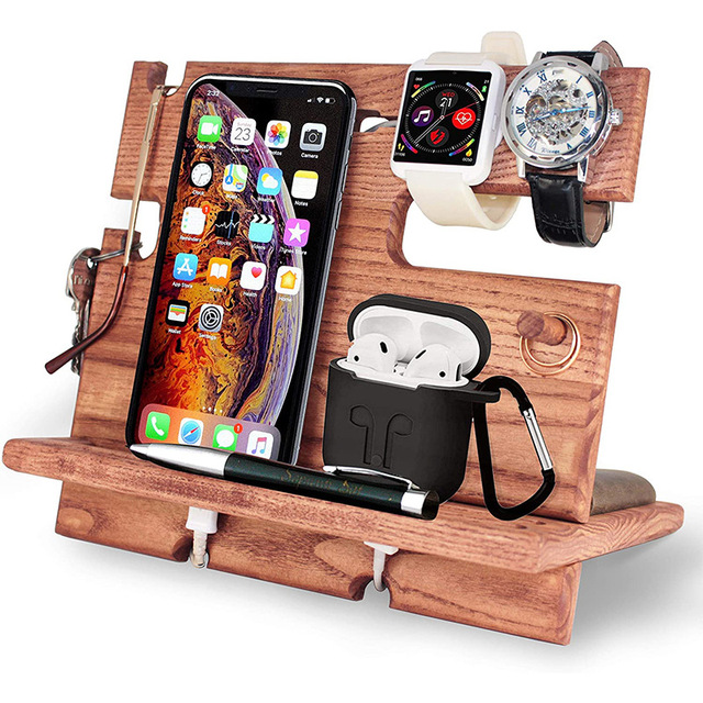 Nightstand Office Desk Key Hooks Holder Wallet Stand Smartwatch Organizer Natural Pine Walnut Wood Phone Docking Station for Men