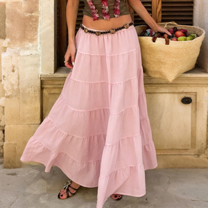 Falda Maxi de Mujer con Cintura Fruncida Natural, Tejida, Suave, de Color Liso, Estilo Línea A, Fluida, con Forro Antiexposición, Ideal para Vacaciones en la Playa - Product Image 2