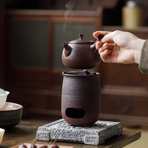 Réchaud à charbon en poterie rustique avec poignée latérale, pour service à thé, portable, pour camping en extérieur, foyer de chauffage pour thé - Product Image 1