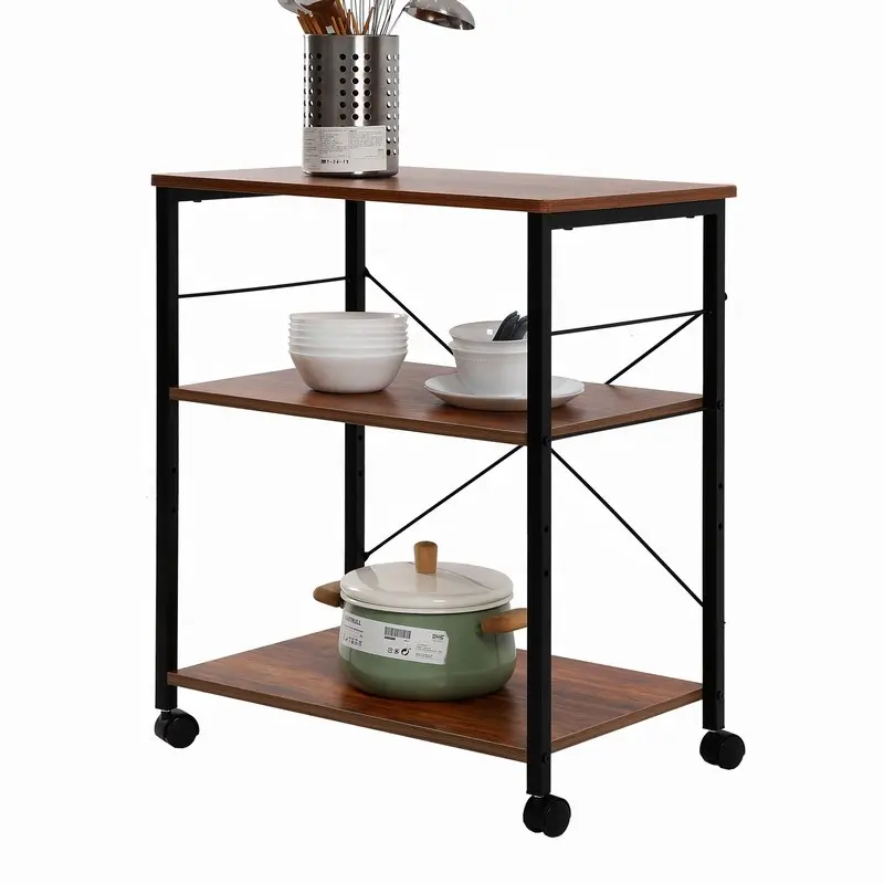 Kitchen Baker's Rack Utility Storage Shelf Microwave Stand Cart on Wheels Kitchen Organizer Rack 3 Tier Shelves Adjustable Feet