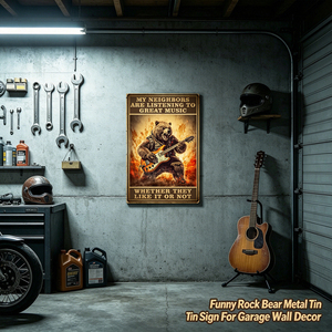Targa in Metallo Vintage con Orso che Suona la Chitarra, Citazione Divertente 'I Miei <span class=keywords><strong>Vicini</strong></span> Amano la Musica Eccellente', Placca da Parete Retrò per Bar e Garage - Product Image 4