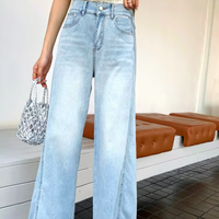 Jean taille haute bleu clair pour femme grande taille, coupe large, longueur ras du sol, boutonné, effet usé, tissu élastique, inaltérable, toutes saisons