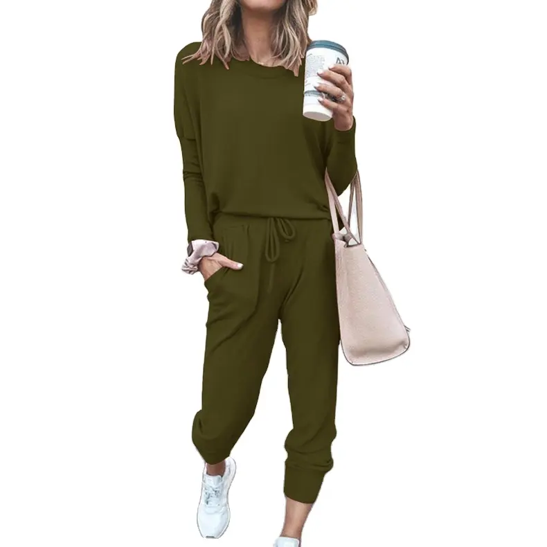 2023 spring and summer new women's clothes loose O-neck solid color long-sleeved casual Cropped pants suit