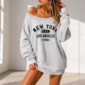 Sweat-shirt surdimensionné personnalisé pour femme, grande taille, épaules dénudées, 100 % coton, imprimé vintage délavé à l'acide, style streetwear décontracté - Product Image 2