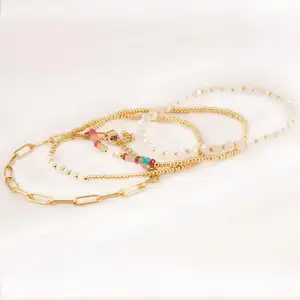 Pulseira de contas de cristal pérola banhada a ouro 18K verdadeira, joia de moda feminina com clipe de papel e estacas