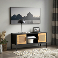 Table TV 55 pouces en noir et chêne meuble TV support TV Table d'appoint Console avec porte en rotin PE et étagères de rangement