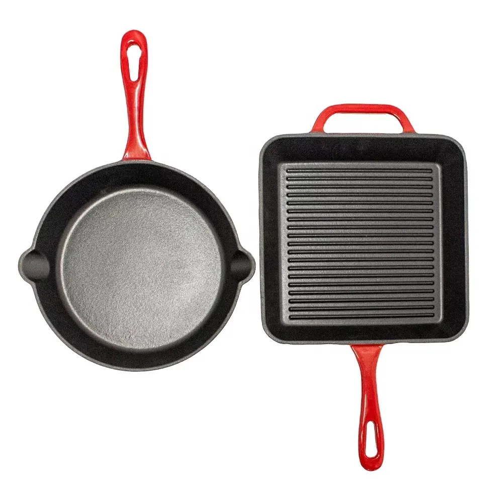 2 pcs 10 polegadas cor esmalte quadrado e redondo ferro fundido fry pan conjunto