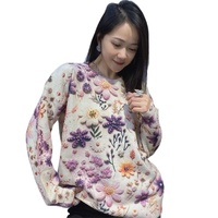 LFF-8656 / Nouveau Pull Tricoté Épais à Col Rond et Manches Longues pour Femme, Style Coréen, Motif Floral Violet, en Fibre Acrylique, Idéal Hiver