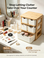 Organisateur de bureau en bambou éco-responsable personnalisé à 3 niveaux avec tiroirs coulissants pour le rangement de maquillage, cosmétiques et petits accessoires