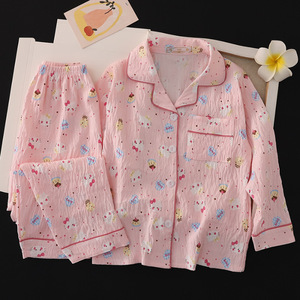 Cardigan Casual del pigiama per <span class=keywords><strong>bambini</strong></span> in tessuto di cotone stampato di alta qualità con colletto rivolto verso l'alto e Set pigiama da donna a maniche lunghe - Product Image 5