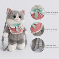 Nouveau design, sac à dos en coton pour enfants, motif chat gris et blanc de dessin animé, en fausse fourrure, doux et rembourré, idéal pour les voyages et l'école, avec nœud papillon et volants.