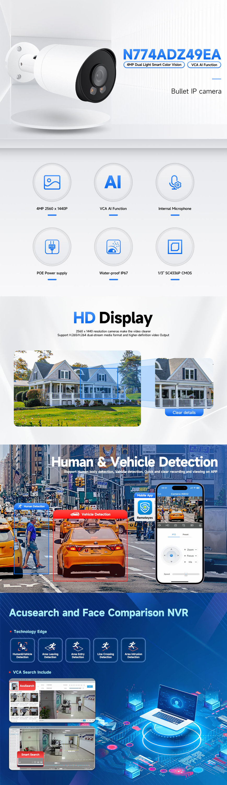 4MP YCX Wide Angle IP67 POE CCTV Bullet Metal Housing NVR Compatible H.265 Audio Colorful Dual Light VCA AI IP Camera · image 5