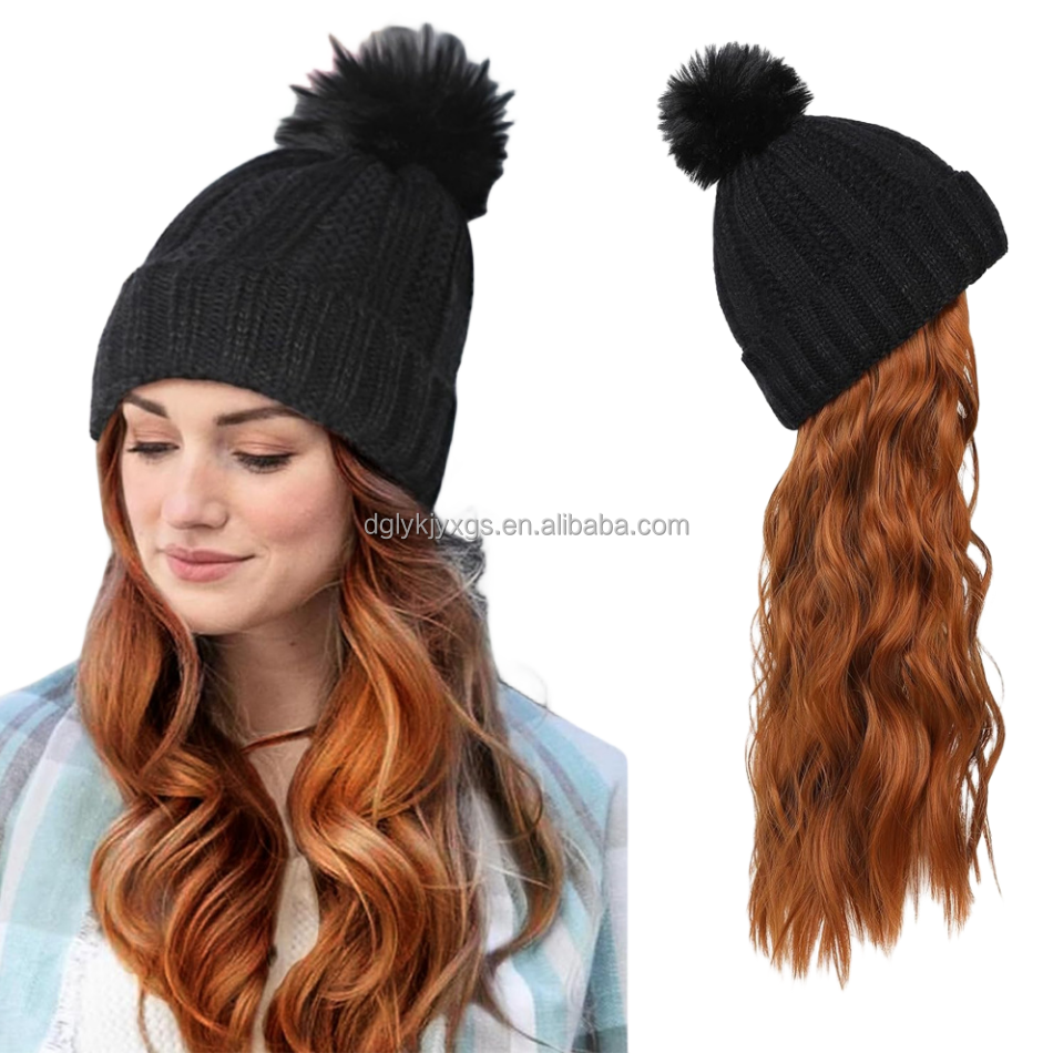 WM06 Fashion Autumn Winter Black Plush Knitted Cap Hair White Knitted Hat  Wig Synthetic Hair Water Wave Wigs