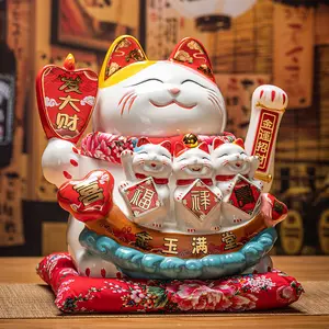 Jepang 12 Inci Keramik Keberuntungan Kucing Maneki Neko Ornamen Hadiah Dekorasi Rumah Feng Shui Beruntung Kucing Celengan Tengah