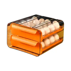 JX-ハンドル付き家庭用卵新鮮収納ボックス2層鶏卵収納容器引き出しタイプ32グリッドの卵ホルダー