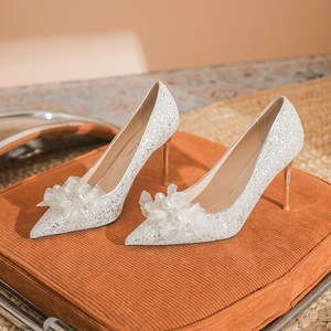 Zapatos de Tacón Alto con Punta en Pico y Decoración Floral para Novia, Zapatos Elegantes de Fiesta para Mujer - Product Image 1