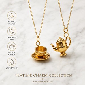 Collier en acier inoxydable avec pendentif théière et tasse, plaqué or 18 carats, pour femme, Acero Ganku - Product Image 1