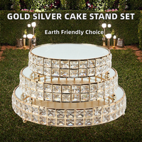 Support à gâteau de mariage doré et argenté, 3 pièces/ensemble, miroir en cristal, métal rond, écologique, lavage à la main uniquement, décoration de mariage