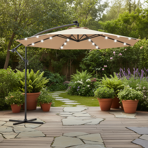 Sombrilla de Patio de 10 Pies con Poste de Aluminio, Luces LED Solares, Apertura Manual con Manivela, Inclinación Manual, Color Beige, para Uso en Exteriores - Product Image 2