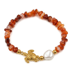 สร้อยข้อมือยืดหยุ่นสไตล์โบฮีเมียนสำหรับผู้หญิง ชุบทอง 18K ทำจากสแตนเลสสตีล ปรับขนาดได้ ประดับด้วยลูกปัด หินธรรมชาติ ไข่มุก และเปลือกหอยรูปเต่า - Product Image 4