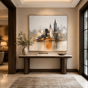 Peinture abstraite sur toile de paysage urbain moderne, ciel orange et gris, décoration de luxe pour hôtel, bureau, hall, salon - Product Image 3