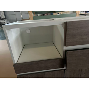 Meuble bas de <span class=keywords><strong>cuisine</strong></span> moderne gris grain de bois <span class=keywords><strong>avec</strong></span> étagère ouverte, tiroirs et compartiments à portes, style panneau plat - Product Image 3