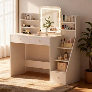 Tocador <span class=keywords><strong>de</strong></span> Maquillaje Moderno con Luz LED Ajustable <span class=keywords><strong>de</strong></span> 3 Colores y Estantes Inclinados <span class=keywords><strong>de</strong></span> 5 Niveles - Product Image 1